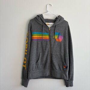 Aviator Nation x Copilot - Gray Heather Five Stripe Zip-Up Hoodie Knit Jacket, S